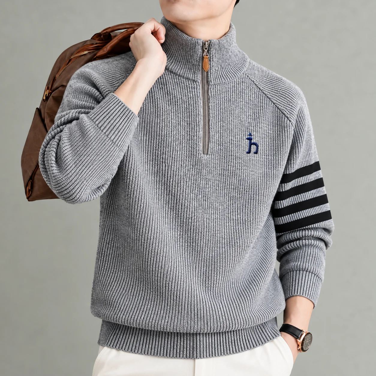 Designer's New Winter Man's Mock Neck Warm High End Brand Thick Velvet Fashion Puppy Embroidery Striped Casual Knitted Pullover