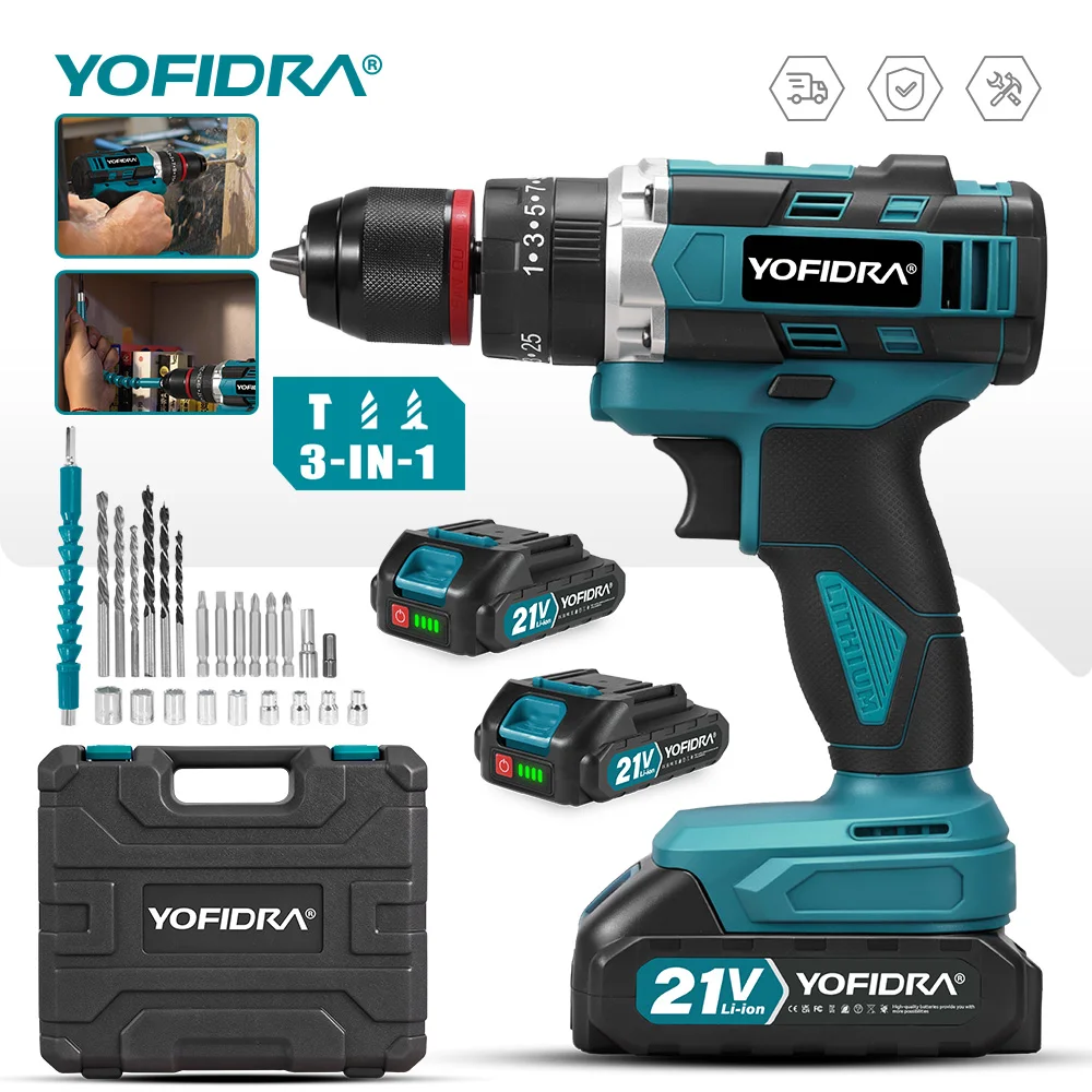 Taladro percutor eléctrico YOFIDRA 25+3 de torque, inalámbrico, 3 en 1, herramienta eléctrica para trabajar la madera, compatible con batería Makita de 21V.