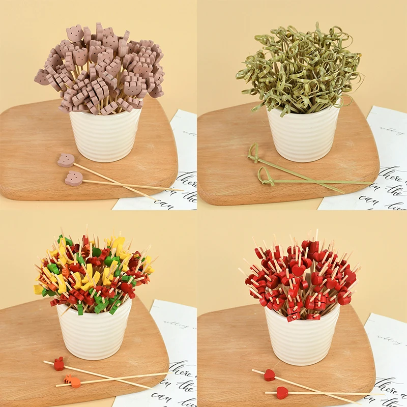 100Pcs Disposable Bamboo Food Fruit Toothpicks Cute Bear Flamingo Buffet Cake Cocktail Fruit Fork For Wedding Hawaii Party Decor