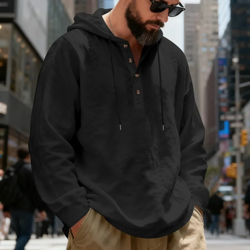 Men Loose Linen Hooded Shirt Henley Collar Long Sleeve Breathable Casual Beach Lightweight Hoodie