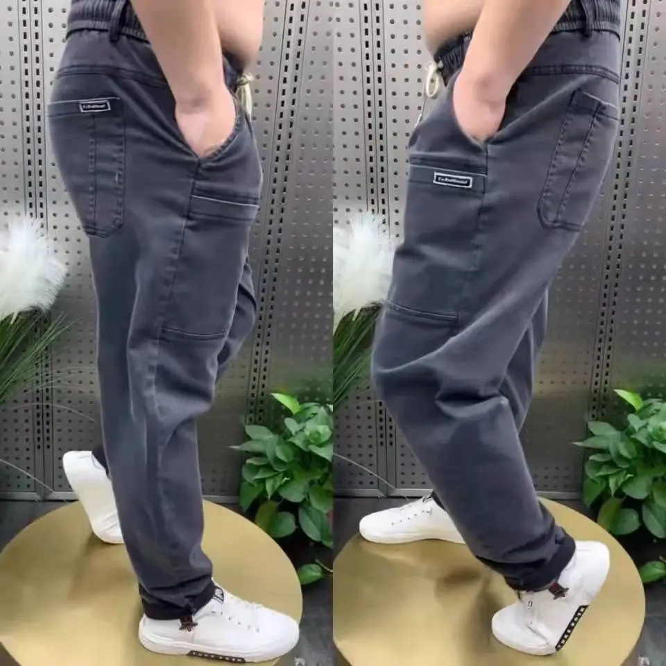 Pantalones vaqueros de mezclilla con cordón de cintura elástica para hombre, pantalones casuales de alta calidad con seis bolsillos, pantalones holgados, ropa de lujo