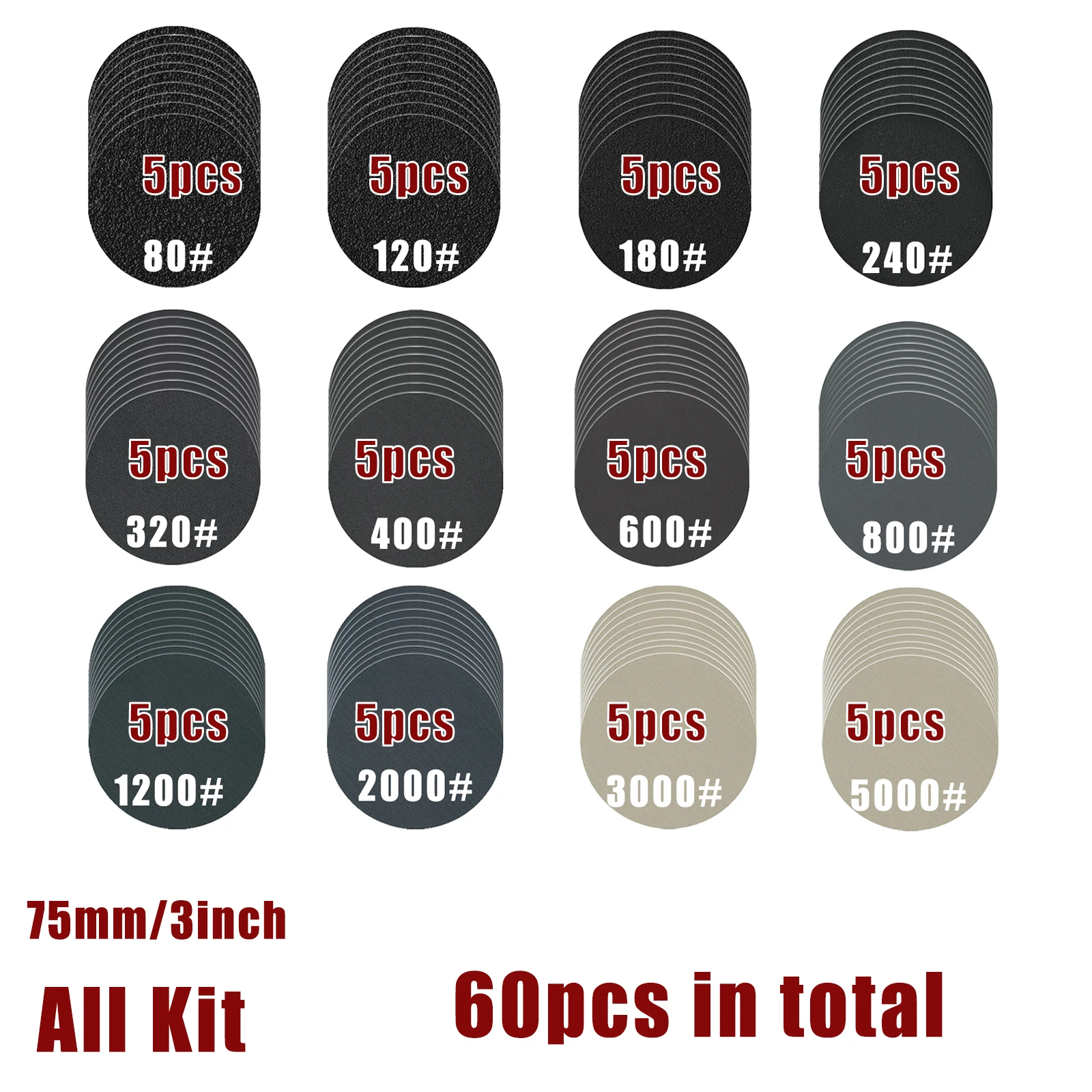60 Stück 75mm Nass-Trocken-Schleifscheiben mit Klettverschluss, 3 Zoll Schleifscheiben für Exzenterschleifer, Schleifpapier-Pads