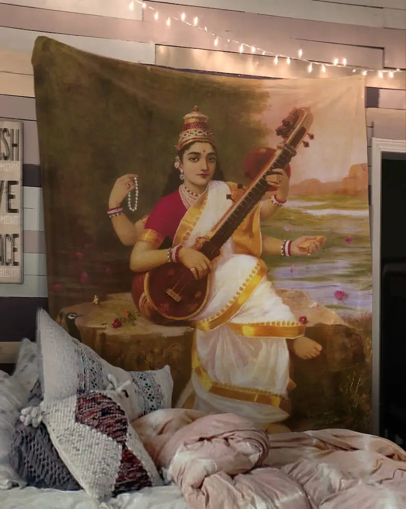 The Hindu God Saraswati With Her Sitar And Peacock - Tapestry