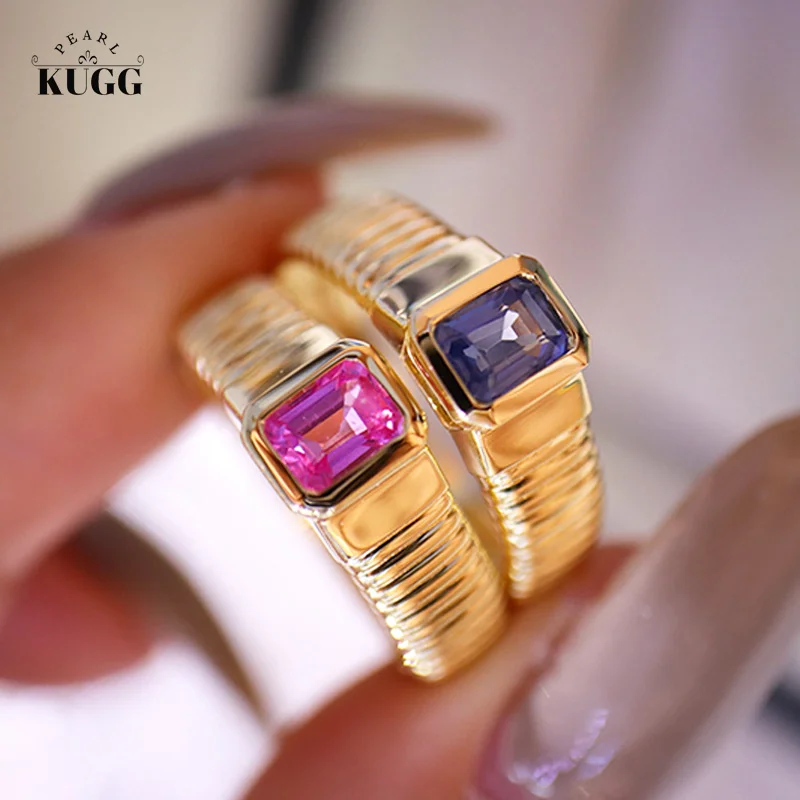 

KUGG 18K Yellow Gold Rings Shiny Rianbow Design Real Natural Color Sapphire 0.54carat Accordion Shape Party Jewelry for Women