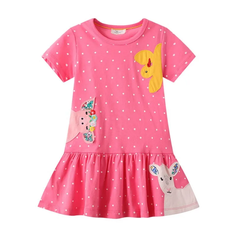 Jumping Meters New Arrival Dots Animals Embroidery Princess Girls Party Dresses Summer Short Sleeve Kids Frocks Baby Clothes