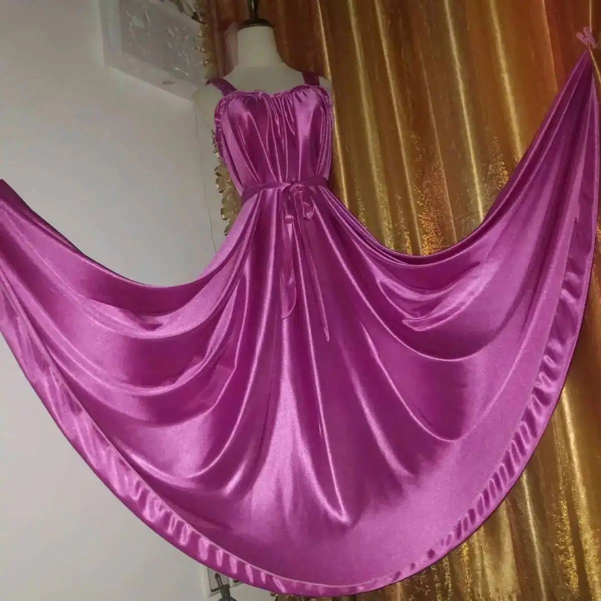 Glossy Ruffle Women Satin Loose Maxi Dress Sleeveless Plus Size Sexy Sleeping Robe