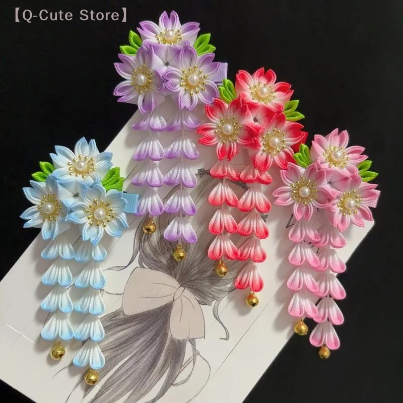 

Japanese Kimono Headwear Ancient Style Handmade Flower Hair Clip Cloth Sweet Tassel Flower Hairpin