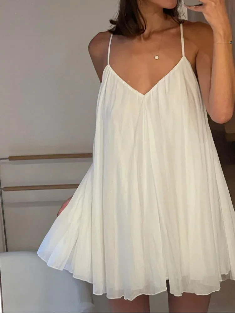 BWQ Double Layer Mesh Puff Pleated Hem Mini Dress Sexy Backless V-neck Sleeveless A-line Short Dresses  Lady Party Vacation Robe