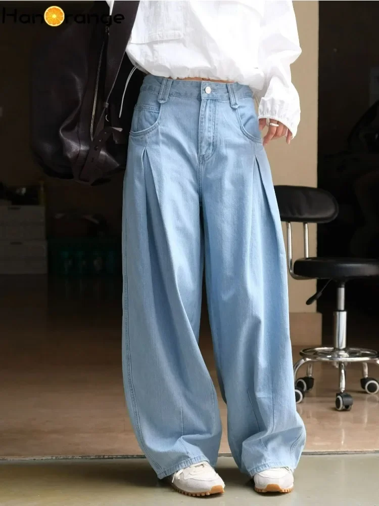 

HanOrange 2024 Autumn Casual Curved Wide Leg Jeans Women Soft Loose Lantern Denim Pants Light Blue