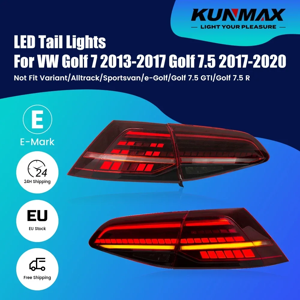 Image of EU-Lager: Komplette LED-Rückleuchten für VW Golf MK7 MK7.5 Schrägheck 2013-2021 mit dynamischem sequenziellem Blinker, Brems-, Nebel-, Rückfahr- und Tagfahrlicht, Plug-and-Play, E-geprüft, 2er-Set