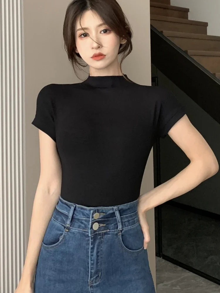

T-shirts Women Summer Retro Fashion Solid Streetwear Slim Basic All-match Leisure Korean Style Футболка Женский Ins Young Tender