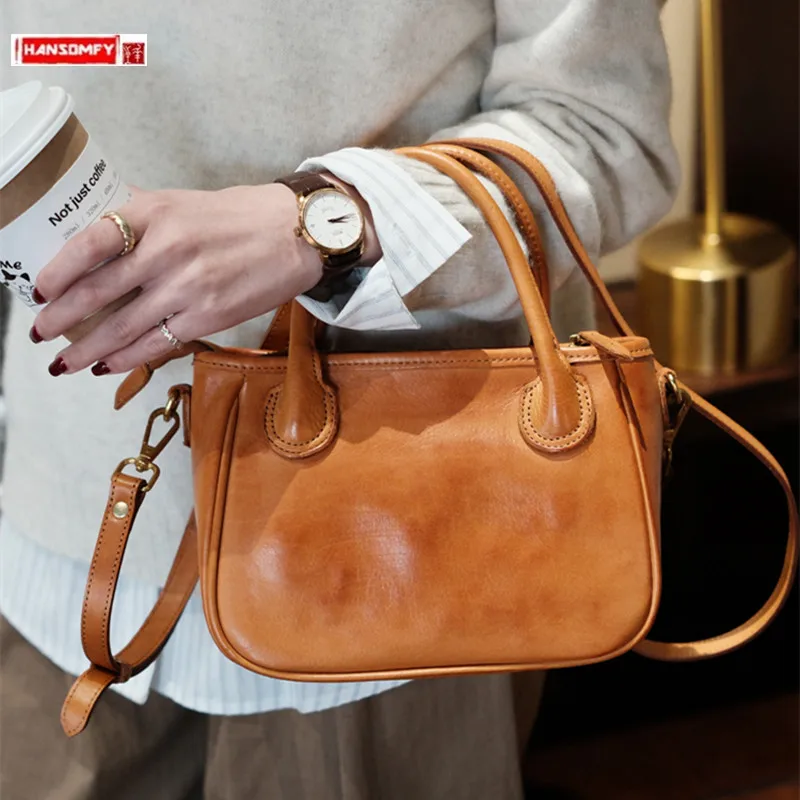 

Vintage Leather Women Handbags Brown Small Square Crossbody Bag For Female Hand Shoulder Plant Tanned Top Layer Cowhide Bags