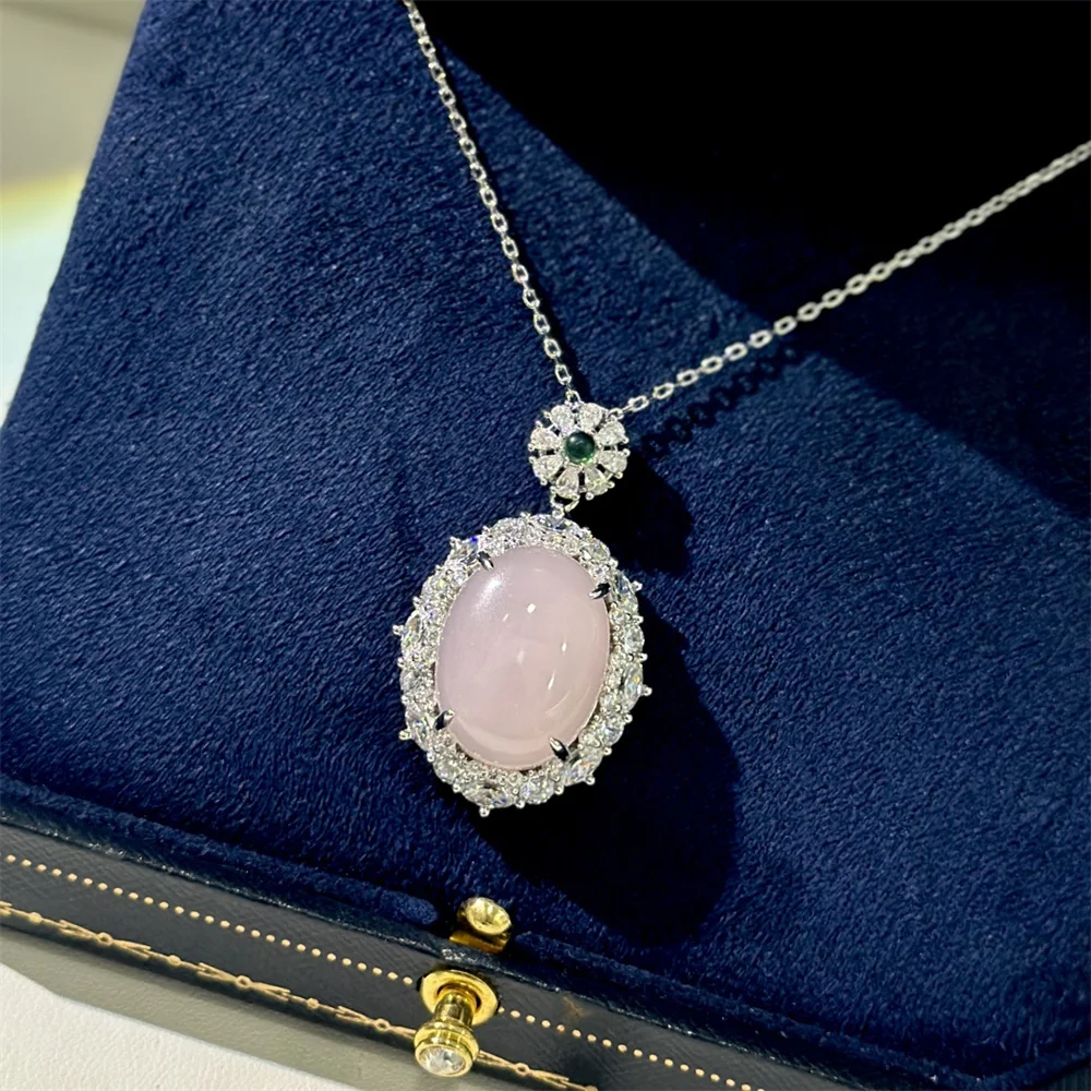 Pink Chalcedony Egg Shaped Pendant Necklace New Chinese Retro Style Necklace 2024 New Necklace