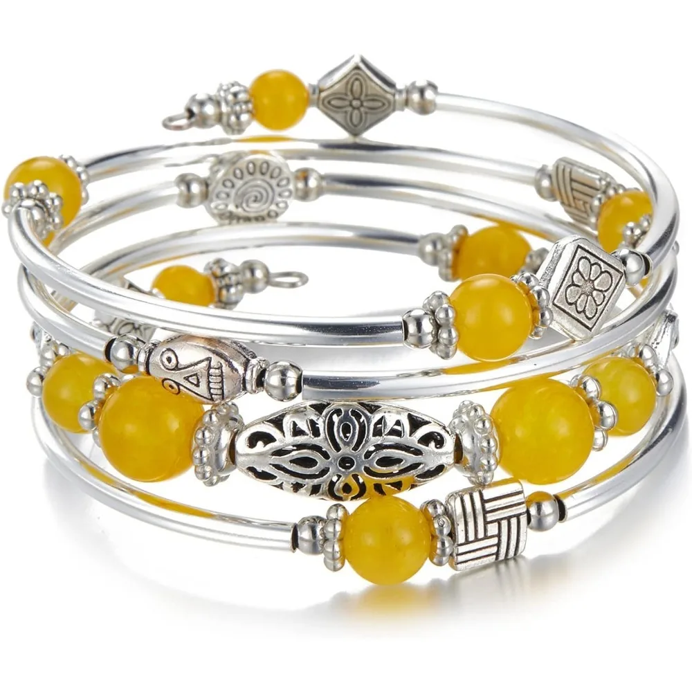 

Layered Wrap Bangle Turquoise Bracelet - Bead Bracelet with Natural Agate Stone, Gifts For Women