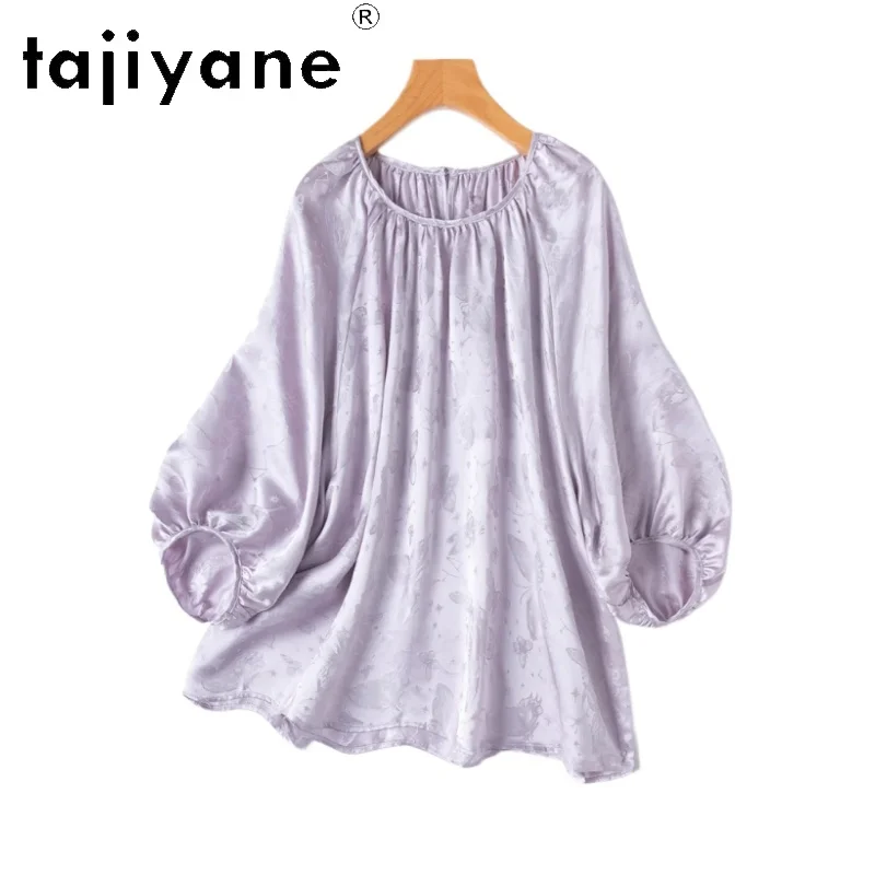 

TAJIYANE 100% Mulberry Silk T Shirts Woman Elegant Jacquard satin 19MM T Shirt Gray Purple loose Summer Tops 2026 Women Clothing
