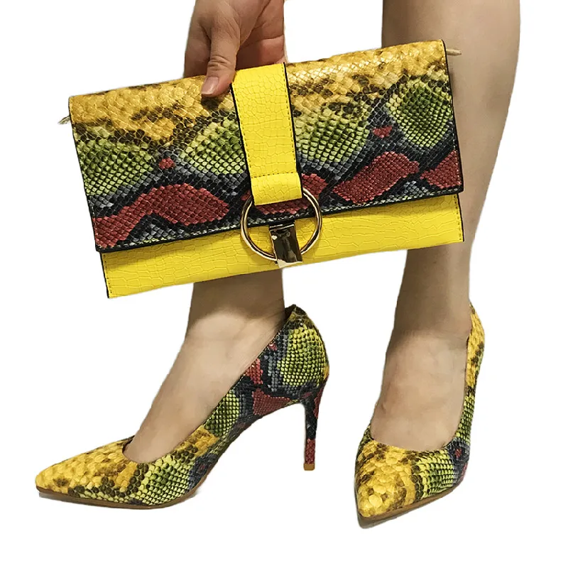 Yellow Shoes Snake Printed Leather with Women Bag set ,women shoes pumps With Matching Clutch Bags Sets 36-43 hot selling A93-1