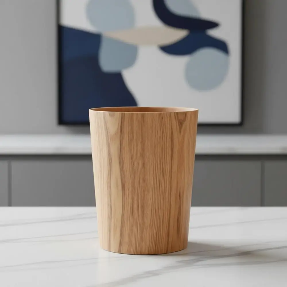 

Japanese-Style Natural Wood Round Wastebasket - Lightweight, Sturdy for Home, Office, and Various Rooms