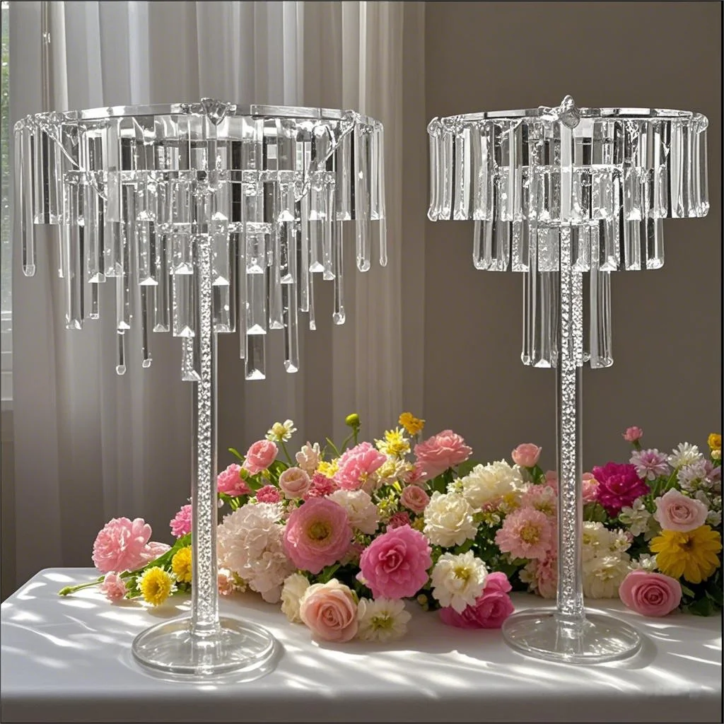 

5 Pieces Acrylic Wedding Table Centerpiece Stand Transparent Vases with Hanging Crystals for Birthday Party Decoration