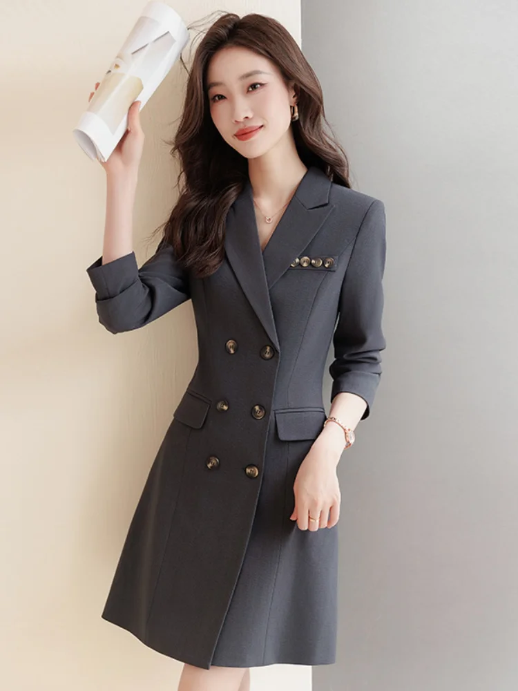 Fashion Korean Black Dress 2023 Fall and Winter New High-quality Office Women's Blazer Elegant Temperament Double-breasted Dress