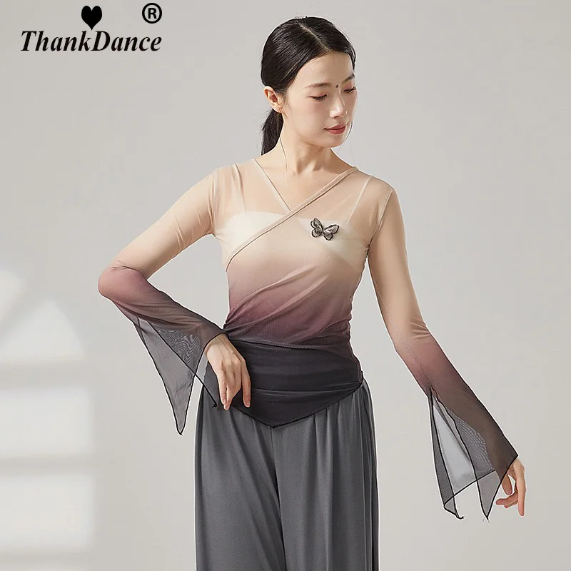 Camisa de baile de manga larga con cuerno para mujer, Top Sexy transparente para danza clásica, Top de bailarina folclórica china, Ropa de baile de malla, rima corporal Hanfu