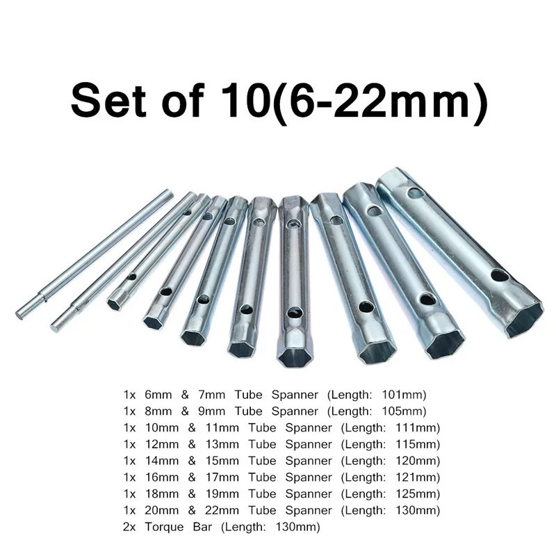 Z50 6-22mm 10Pcs Metric Tubular Box Wrench Set Tube Bar Spark-Plug Spanner Steel Double Ended for Automotive Plumb Repair Tools