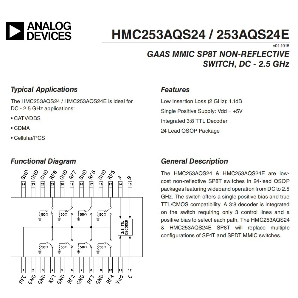 HMC253 DC-2.5GHz RF Single Pole Eight Throw Switch RF MMIC SP8T Non-Reflective Switch Antenna Channel Selection