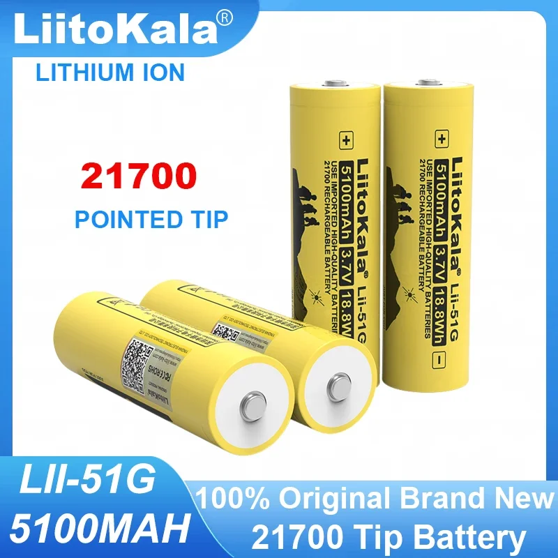 LiitoKala Lii-51G 21700 3.7V 5100mAh High-capacity Lithium ion Battery DIY 24v 36v 48v 60v Rechargeable batteries +Pointed tip