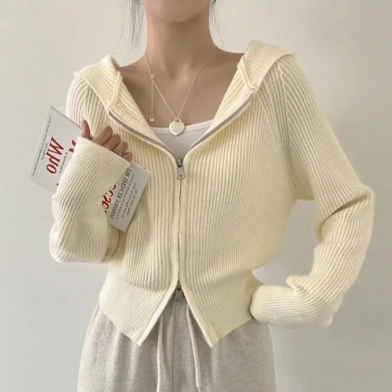 

Hooded Knit Cardigan for Women Long Sleeve Fuzzy Zip Up Knit Crop Sweater Jacket Fall Winter Teen-girl Y2K Acubi Outfit