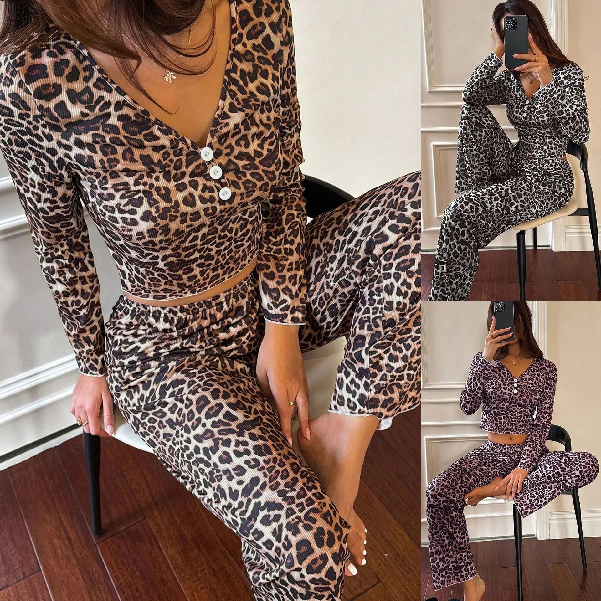 Women's Casual Leopard Print V-Neck Fitted Long Sleeve Pajama Set Pijamas Women Nightwear Sleepwear Home Wear