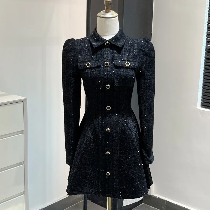 

French Black Small Fragrant Tweed Dress Women's Long Sleeves Waist Slim A Line Fashion Sweet Shiny Chic pleats Short Dress Woman