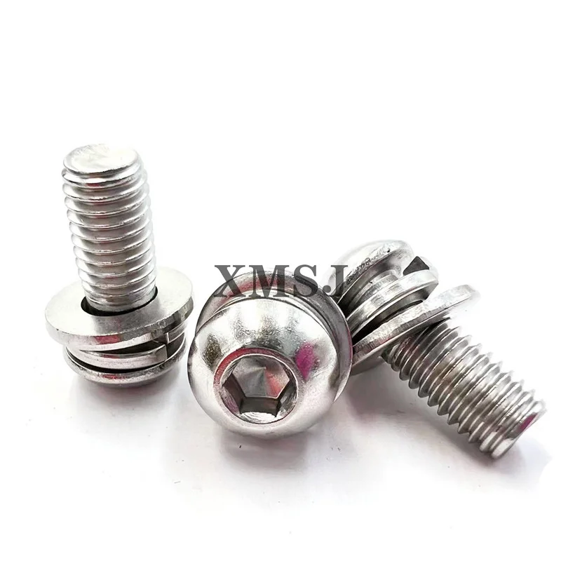 1/50pcs M3 M4 M5 M6 M8 304 Stainless Steel Hexagon Hex Socket Button Head SEM Screw Flat With Washer Spring Gasket Assemble Bolt