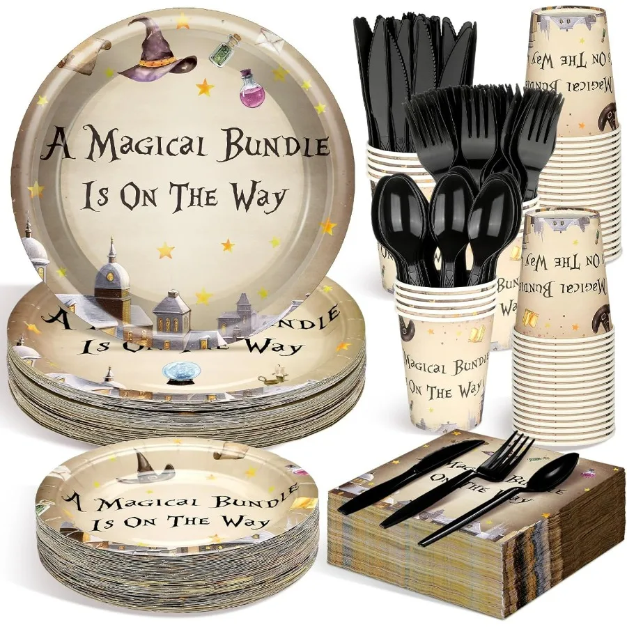 

350 шт., набор тарелок для детского душа для 50 гостей, одноразовая посуда с черной тематикой Волшебного Волшебника, включает тарелки, салфетки Cu