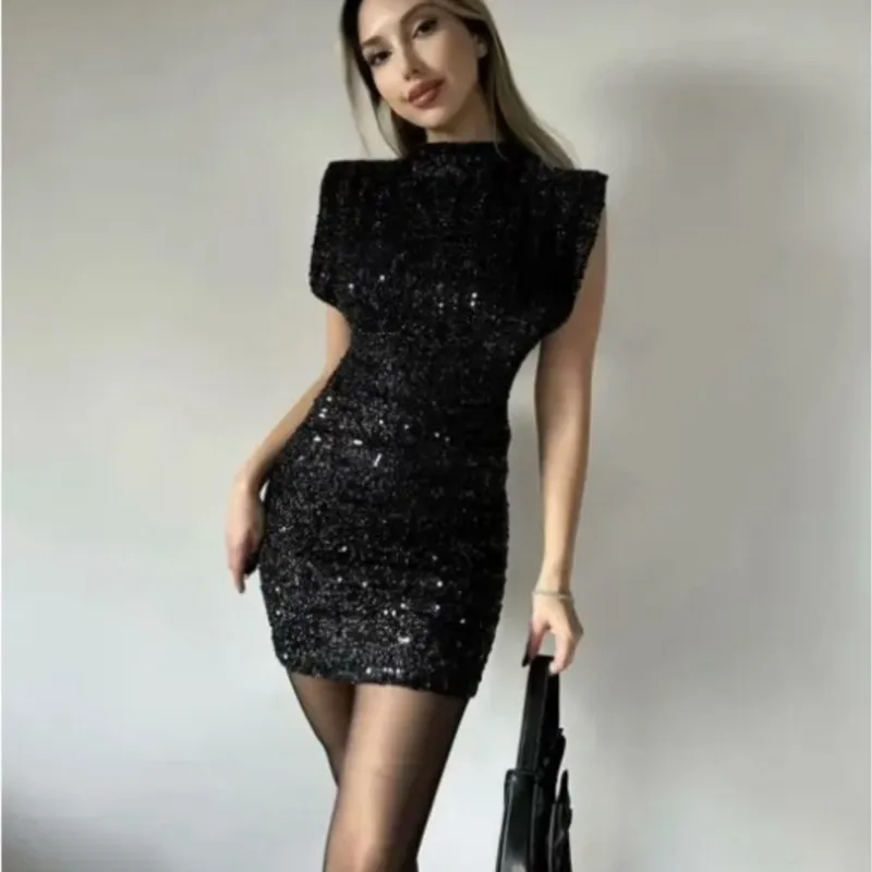 

Summer Elegant New Sequins Spliced Dress Women's Fashion Solid Color O Neck Sleeveless High Waist Hip Warp Slim Dresses Vestidos