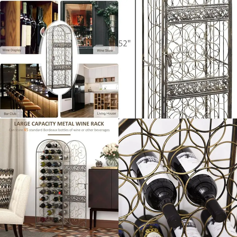 

Antique Bronze 45-Bottle Wrought Iron Wine Rack with Jail-Style Lock