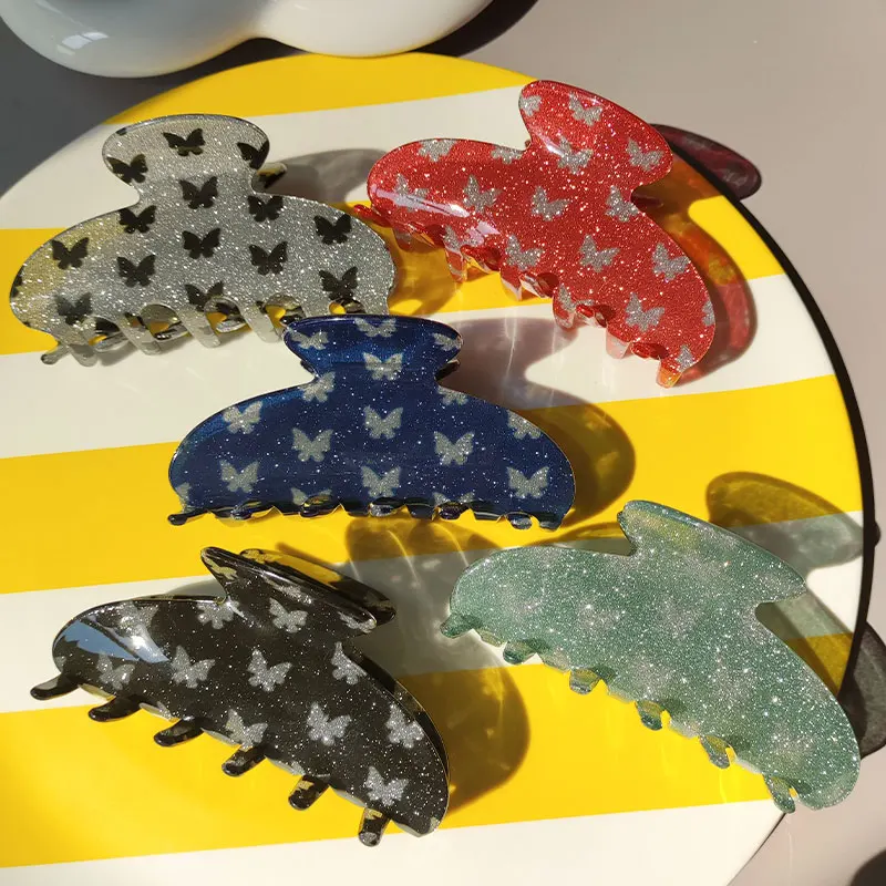 HANGZHI Fashion Glitter Shark Hair Claw Color Butterfly Y2K Headwear for Women Girl 2023 Summer Travel Outdoor Hair Accessories image 6