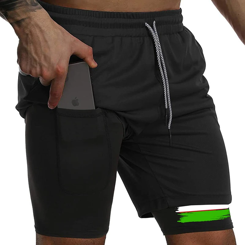 Pantaloncini da performance 2 in 1 con grafica bandiera per uomo, palestra, atletica, ad asciugatura rapida, pantaloncini da corsa per allenamento patriottico con tasca per telefono