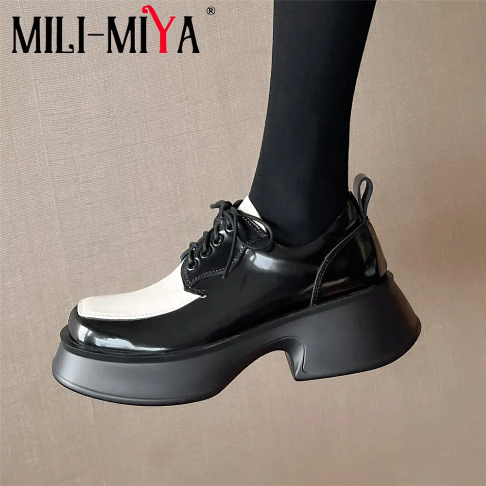 

MILI-MIYA New Arrival Women Cow Leather Pumps Mixed Color Platform Thick Heels Non-Slip Sole Classic Lace Up Plus Size 34-41