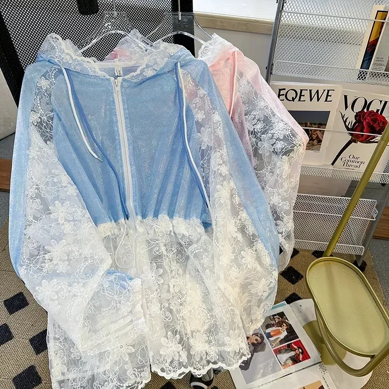 Pop Senior Sense Lace Stitching Cardigan Hooded Sunscreen Clothing Coat Girl New Style Summer Thin Section Outdoor Ladies Jacke