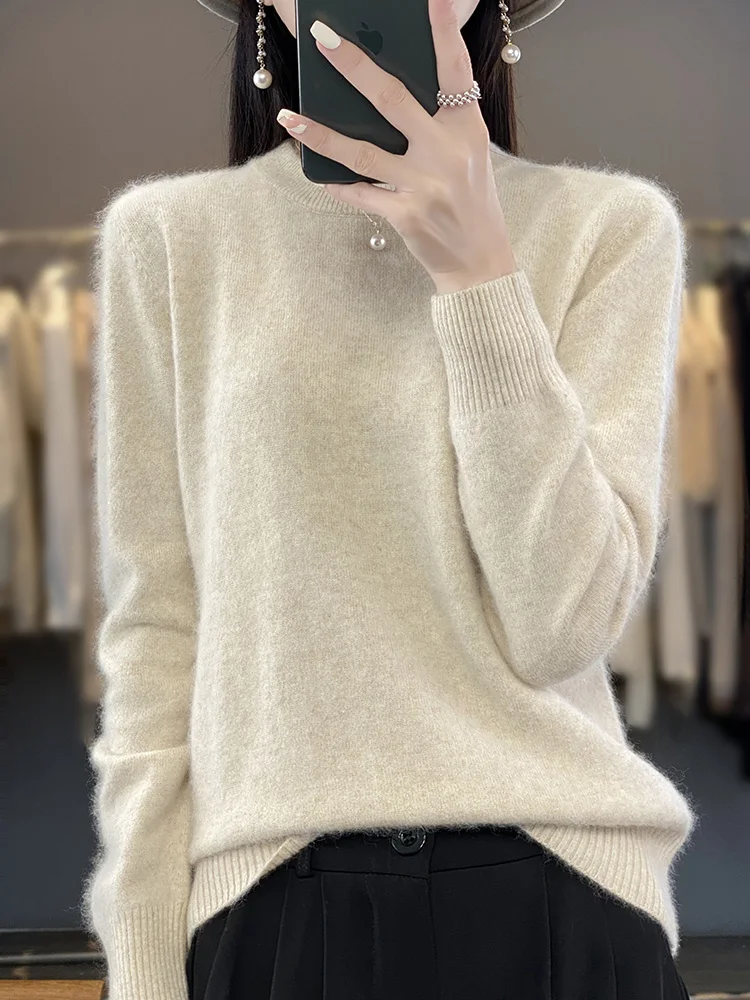 Women's O-Neck Cashmere Knitted Sweaters  Autumn Winter Fashion Long Sleeve Pullover New 100% Mink Cashmere Female Clothing