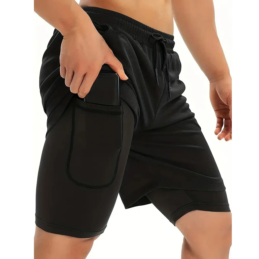 Short de course 2 en 1 pour hommes, double couche, été, séchage rapide, Fitness, Sport, entraînement, musculation, pantalons courts