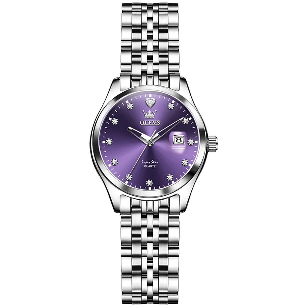 الماس الأرجواني الهاتفي الساعات للمرأة ساعة الموضة الفولاذ المقاوم للصدأ الكوارتز مقاوم للماء تاريخ مضيئة ساعة اليد النسائية ﻿