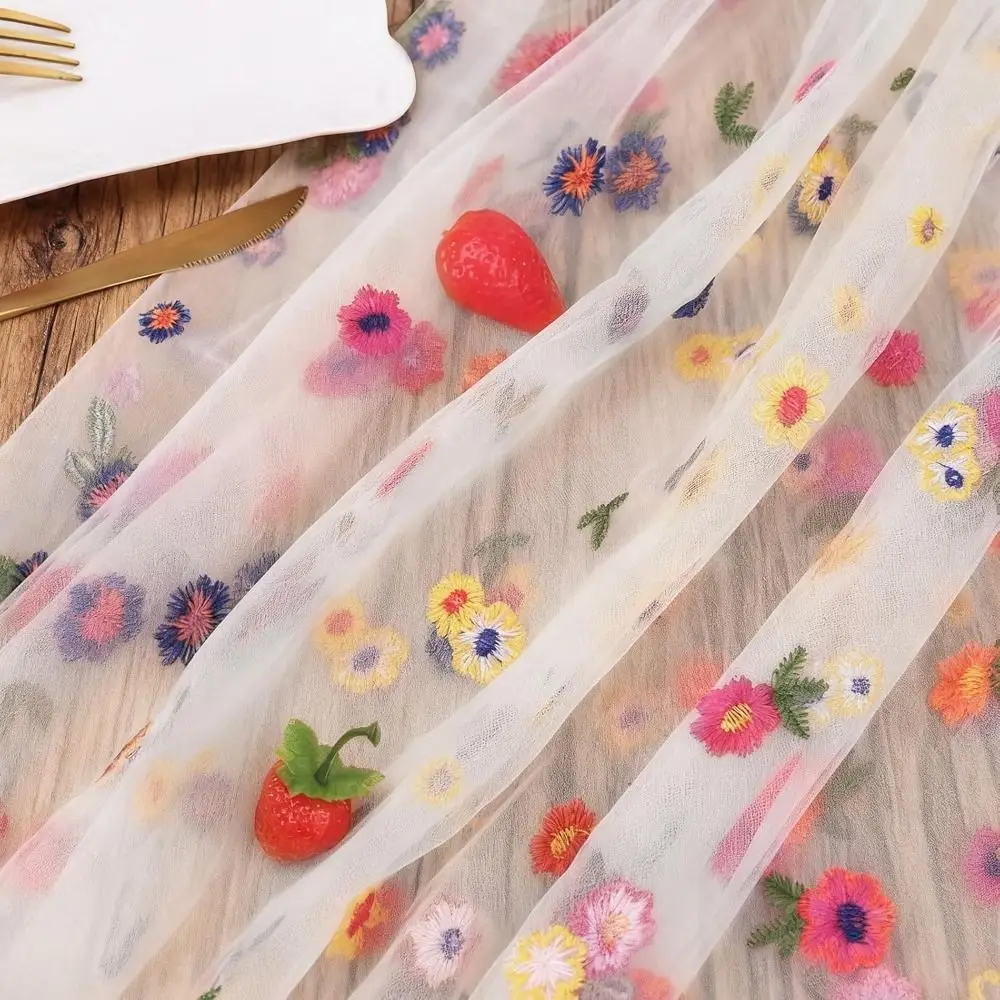 Hot Embroidery Daisy Table Runner Breathable Soft Tulle Table Runner Durable Kitchen Dining Table Decoration Holiday