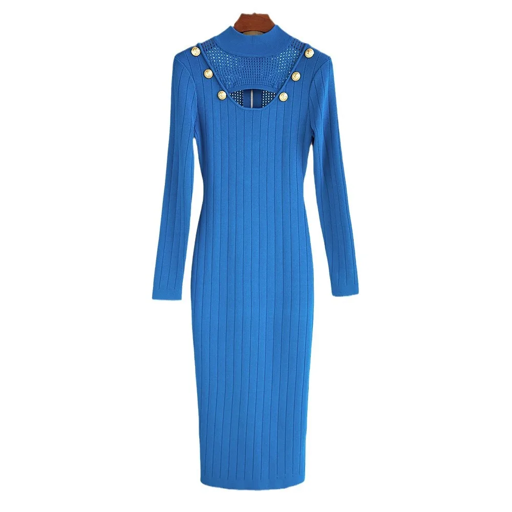 

Sexy Hollow Out Stylish Lady Autumn Party Wear Basic Solid Long Sleeve Slim Fitted Women Knit Skinny Midi Dress