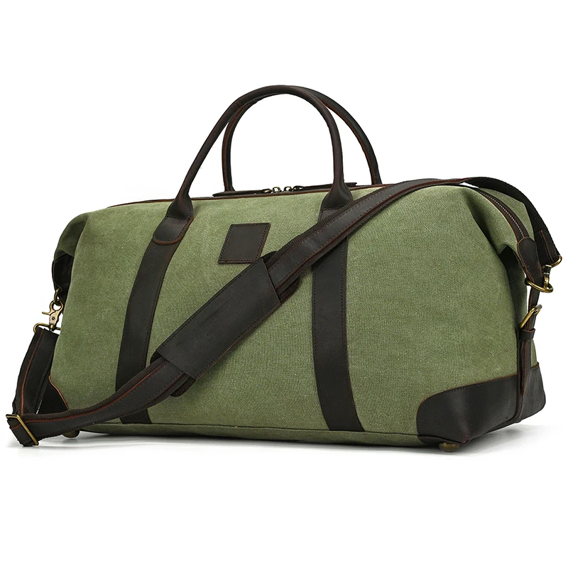 Large Leather Canvas Travel Bag Vintage Cool Crumpled Travel Handbags Waterproof Crossbody Duffle Bag For Men Army Green