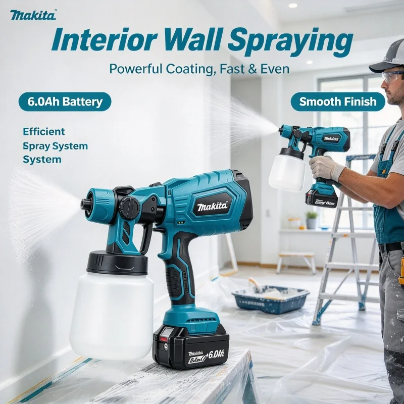 Makita 18V BL1860 Battery‑Operated Cordless Paint Sprayer,1000ml Electric Spray Gun,Nozzle for Auto,Furniture,Fence Painting DIY