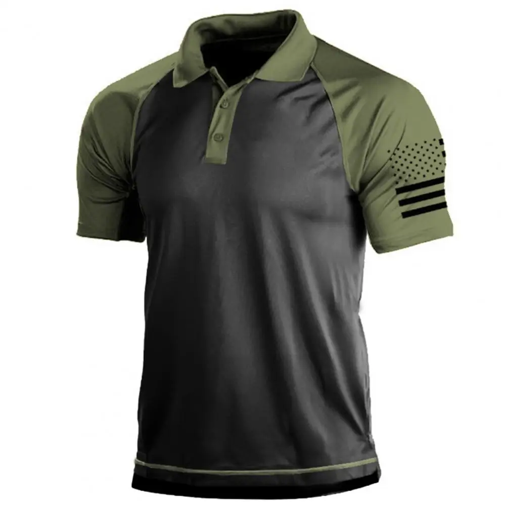 Flag Print Patchwork Color Men T-shirt Athletic T-shirt For Men Lapel Buttons Neckline Short Sleeve Men T-shirt Sports T-shirts