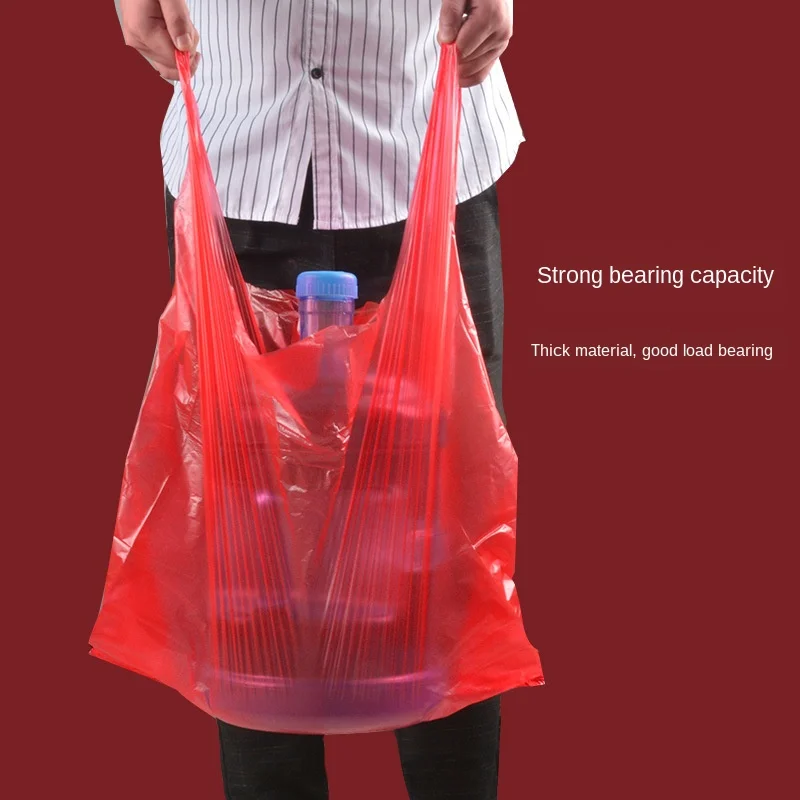 50pcs Red Plastic Bag Supermarket Grocery Gift Shopping Bag Thicken with Handle Vest Bag Kitchen Storage Clean Garbage Bag