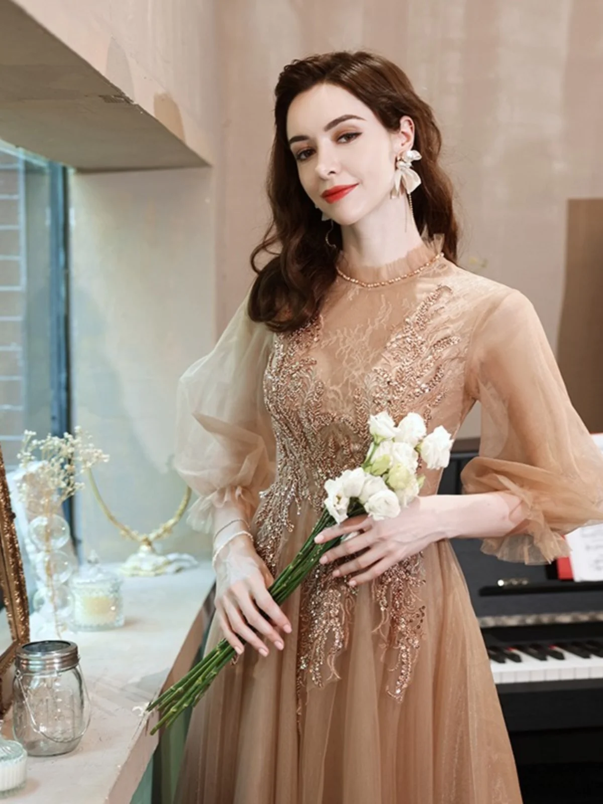 

Angel Wedding Dress Long Sleeve Bridal Gown Performance Evening Dress 17870 Korean Style Beaded mid Waist Slim Fit Long Skirt