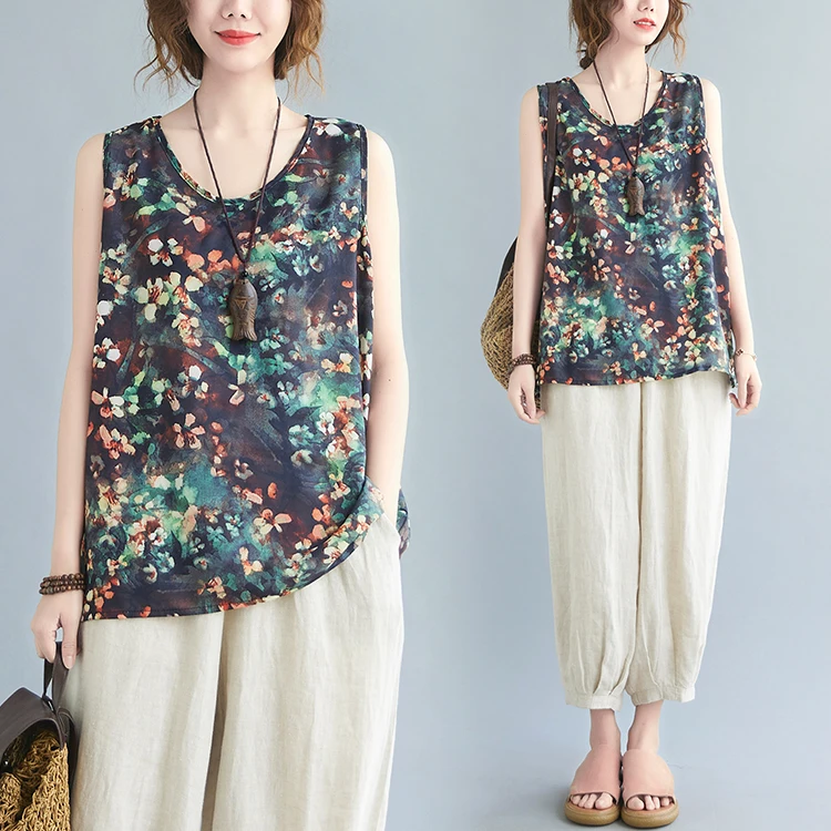 

Summer Women's Vest Top Large Size Artistic Inner Wear Slimming Print T-irt Casual round Ne Svel Loose Fit irt