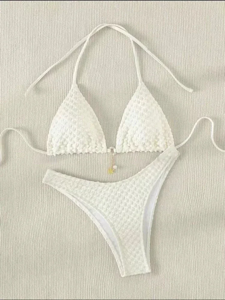 Damen-Bikini mit milchigem Weiß, Neckholder, sexy, einfarbig, 2-teiliger Badeanzug, Schnürung, brasilianischer Badeanzug, 2022, Sommer-Strandbekleidung aus speziellem Stoff